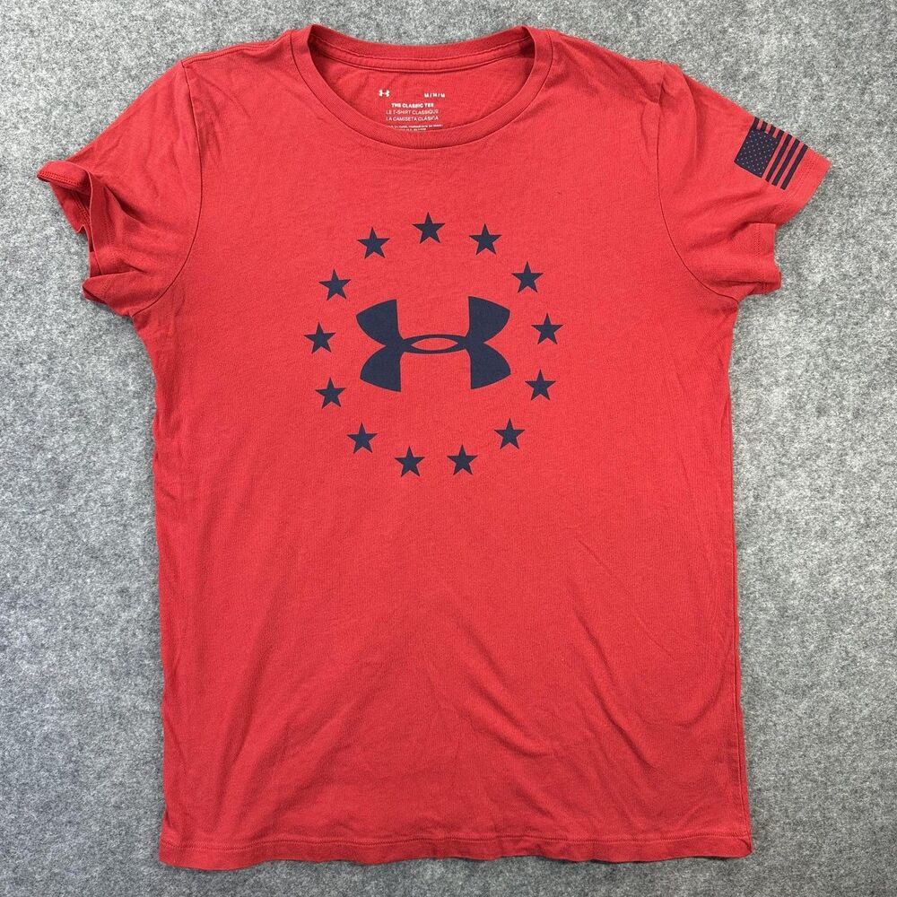 Under Armour Shirt Womens Medium Red Classic Tee Flag Patriotic USA Short Sleeve